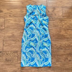 J. McLaughlin Dress Size 0 Blue/Green Belinda Paisley Print Sheath Sleeveless